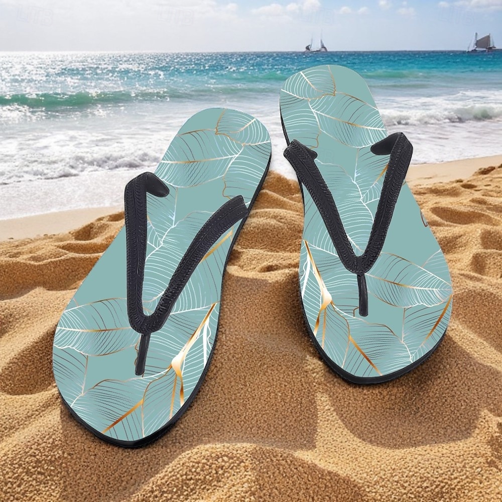 Men’s Blue Leaf Printed Flip Flops – Tropical & Stylish Style for Beach Vacations, Island Hopping & Beachside Dinners 2025 - $19.99 –P3