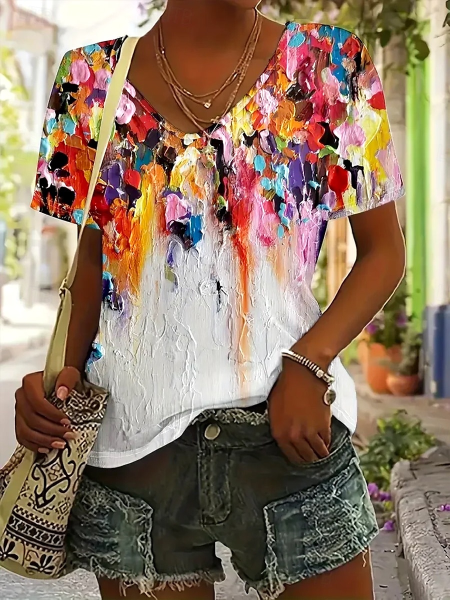 Pentru femei Tricou Ombre Grafic Abstract Epocă Stilat Clasic Manșon scurt Stil Nautic Topuri obișnuite Zilnic Sfârșit de săptămână Costum de plajă Imprimeu Curcubeu Vară Primăvară 2025 - $19.99 –P1