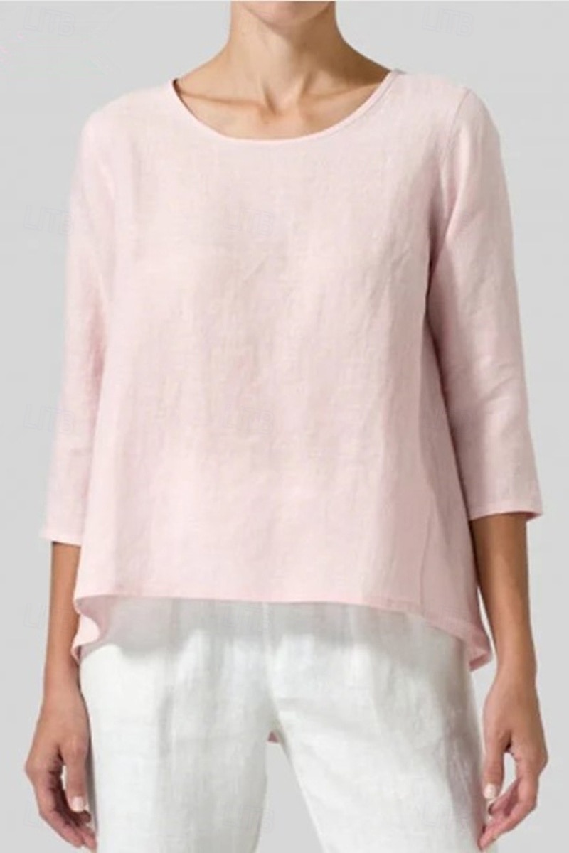 Femmes Chemisier Chemises en coton et lin Uni Basique Occasionnel Manche 3/4 Col ras du cou Hauts Réguliers Quotidien Fête Sortir Noir Blanche Rose Claire Vert Véronèse Gris Été de 2025 ? $22.99 –P2