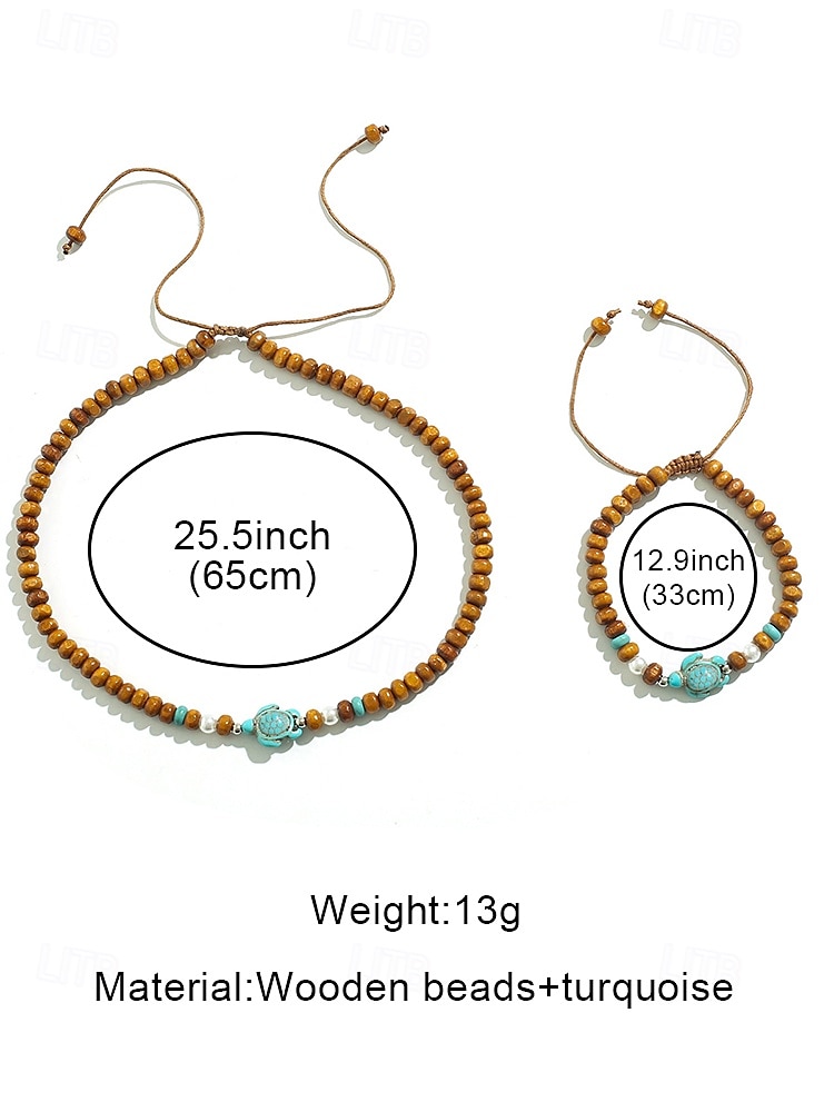 Men's Natural Wood Bead Turtle Necklace and Bracelet Set – Boho Beach Style Adjustable Jewelry for Summer Vacations and Casual Wear 2025 - $11.99 –P5