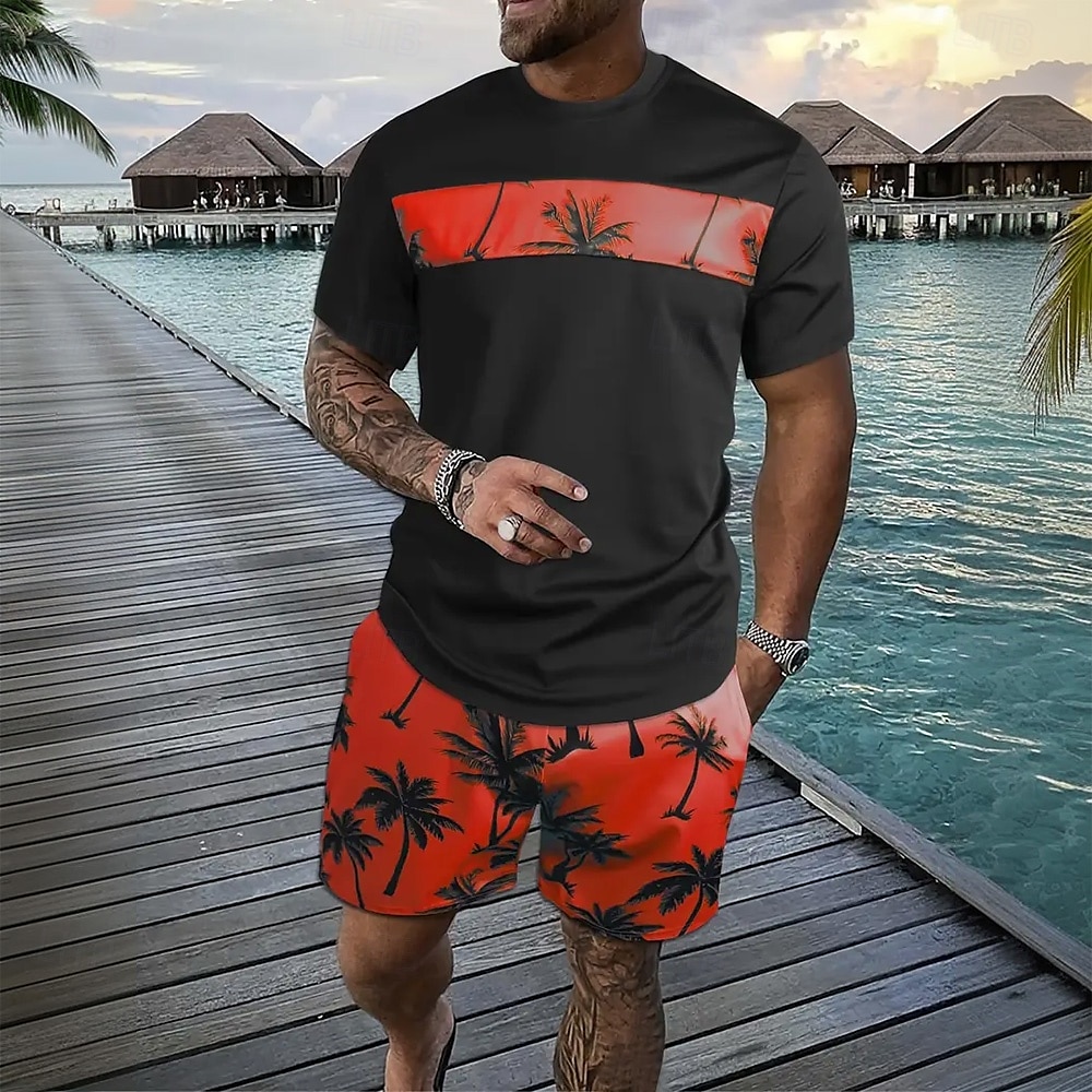Herr Palmträd 2st T-shirts uppsättningar Summer Tops Kortärmad Korta byxor Rund hals Ledigt Tillflykt Ledigt Utekväll Semesterkläder 3D-utskrift Sommar Blå Rodnande Rosa Grön 2025 - $25.99 –P3