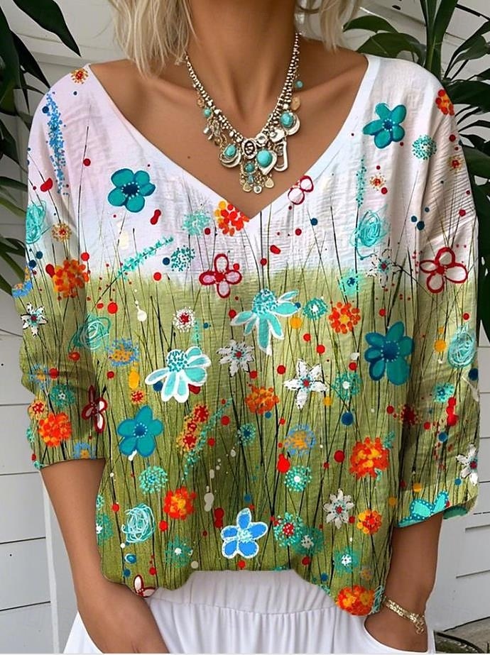 Dame Bluse Blomstret Grafisk Tropisk Stilfull Fritid 3/4 ermer V-hals Vanlige topper Daglig Blå Fuksia Grønn Sommer Vår 2025 - $24.99 –P2