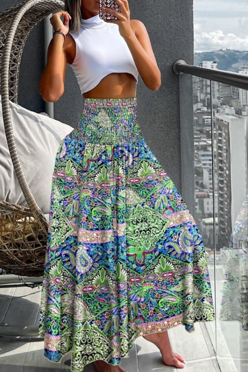 Mulheres Saia Bohemia Casual Boho Longo Cintura Média Saias Floral Imprimir Micro-Elástica Férias Rua Azul marinho Amêndoa Vermelho Azul Verão Poliéster de 2025 por $20.99 –P2