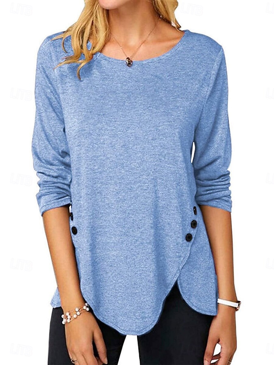 Mulheres Blusa Tecido à moda Casual Manga Longa Gola Redonda Tops regulares Diário Botões Branco Azul Céu Roxo Marron Verão Primavera de 2025 por $16.99 –P1