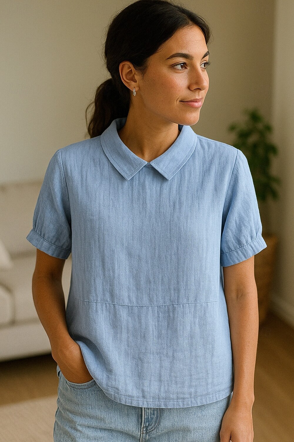 Women's 100% Cotton  Cotton Linen Shirt Plain Modern Short Sleeve Shirt Collar Regular Tops Daily Blue White Summer 2026 - $28.99 –P1