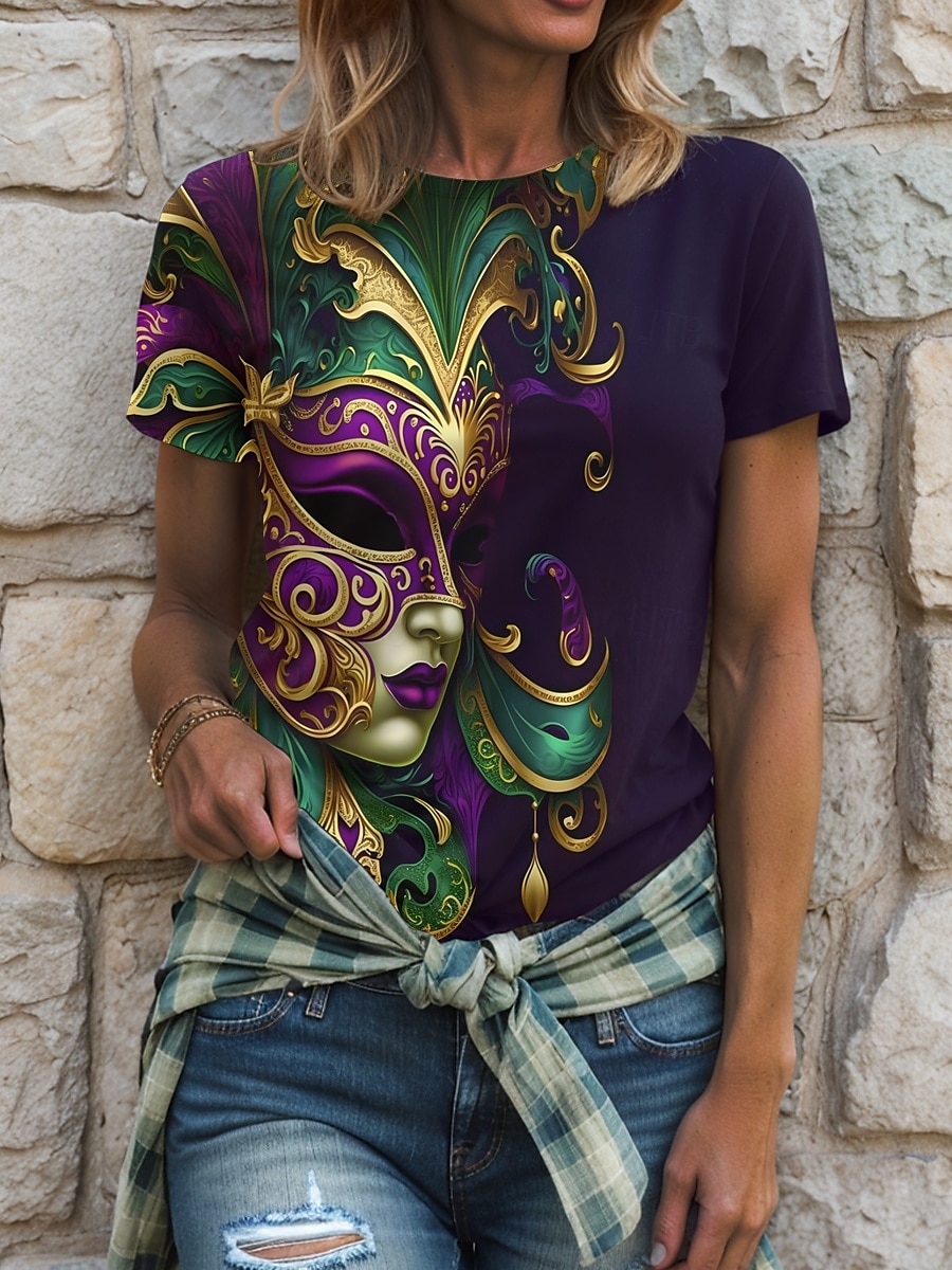 Femmes T-shirt Graphique ancien Élégant Occasionnel Manche Courte Col ras du cou Col rond Hauts Réguliers Quotidien Imprimé Fuchsia Vert Été Printemps de 2025 ? $19.99 –P1