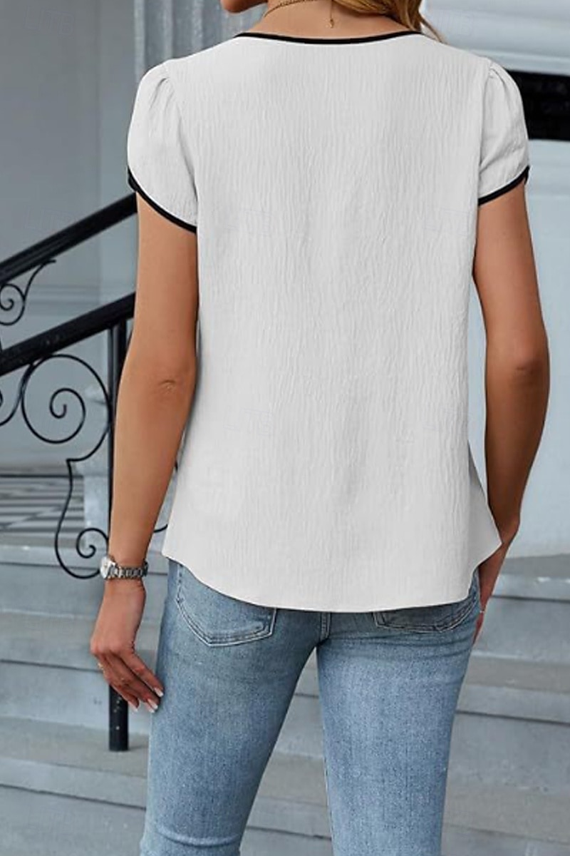 Femmes Chemisier Bloc de Couleur Moderne Occasionnel Manche Courte Col en V Hauts Réguliers Fête Sortir Patchwork Noir Blanche Vert Abricot Été de 2025 ? $21.99 –P5