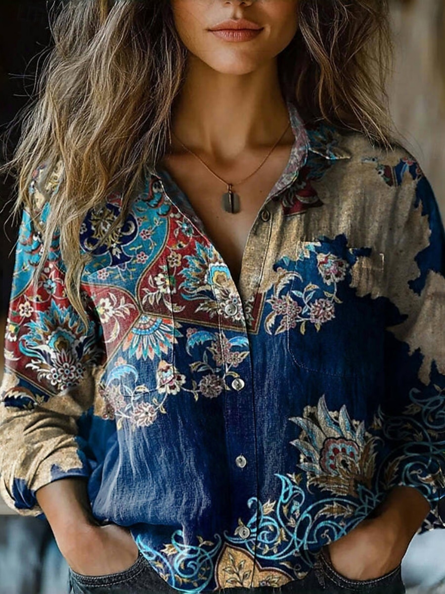 Per donna Camicia Camicia Boho Tasca Bottoni Stampato Floreale Paisley Elegante Moderno Manica Lunga Colletto a Camicia Top Regolari Quotidiano Ferie Blu Marrone rossastro Nero Giallo Vino Estate del 2026 a $27.99 –P8