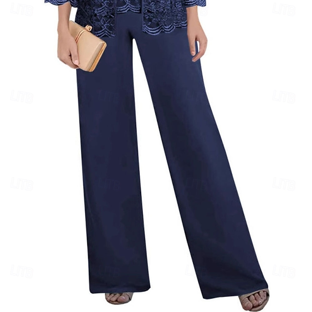 Hosenanzug Brautmutter Kleid Hochzeitsgast Elegantes Quadrat-Ausschnitt Bodenlang Polyester Spitze Lange Ärmel mit einfarbigem Material 2025 - $101.99 –P3