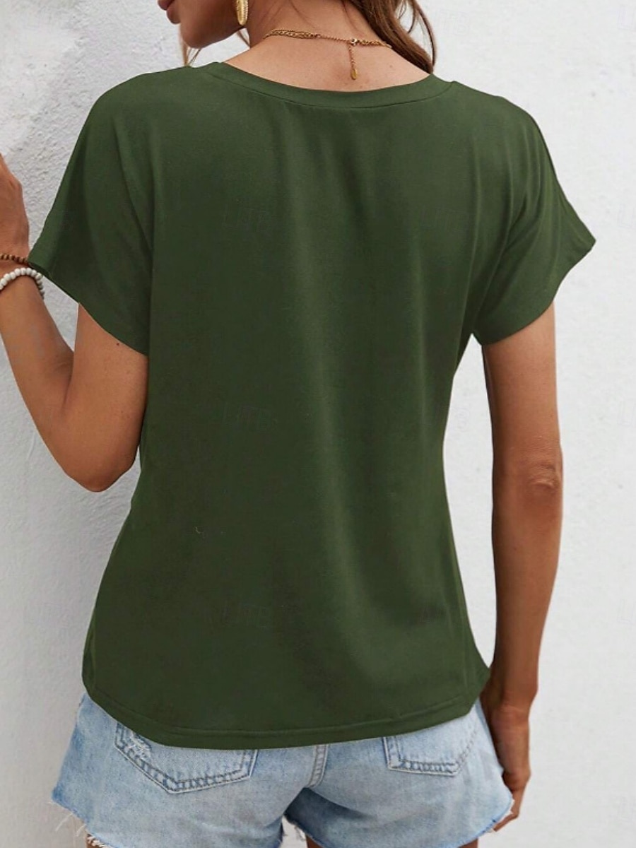 T-shirt femme de couleur unie Uni Mode Classique Décontracté Manches courtes Col rond Hauts réguliers Quotidien Week-end Asymétrique Noir Blanc Vert armée Bleu marine Été de 2025 ? $14.99 –P2