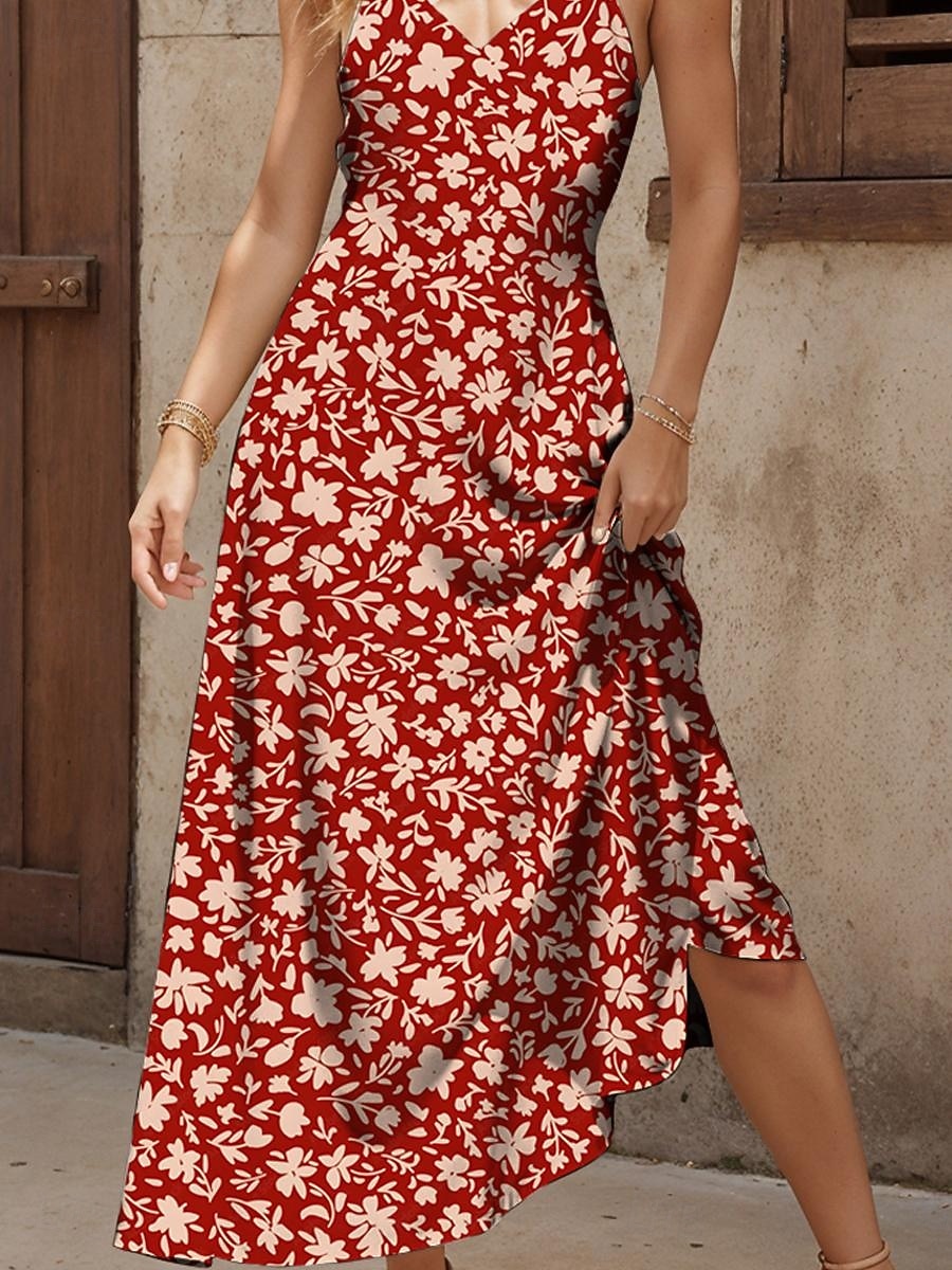 Dam Maxiklänning A linjeklänning Sommarklänning Slipklänning Elegant Semester Ledigt Normal Blommig Grafisk Ärmlös V-hals Smala axelband Rubinrött Blå Purpur Grön Sommar Vår 2025 - $34.99 –P3