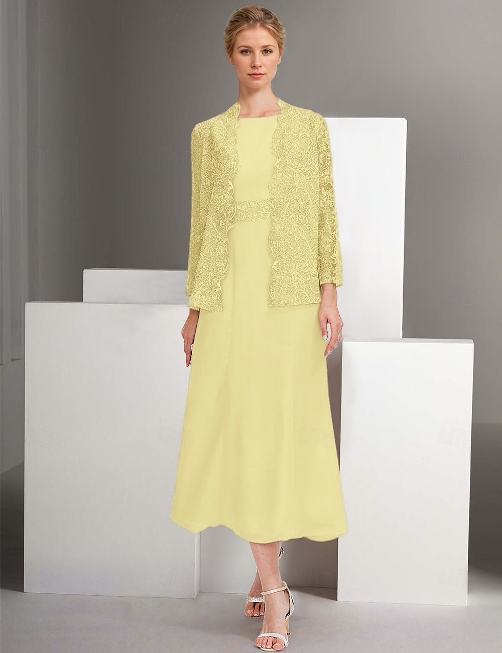 Blue Pink Two Piece A-Line Dress Sets Mother of the Bride Dress Elegant Crew Neck Ankle Length Chiffon Long Sleeve Jacket Dresses with Lace Embroidery 2025 2025 - $148.99 –P7
