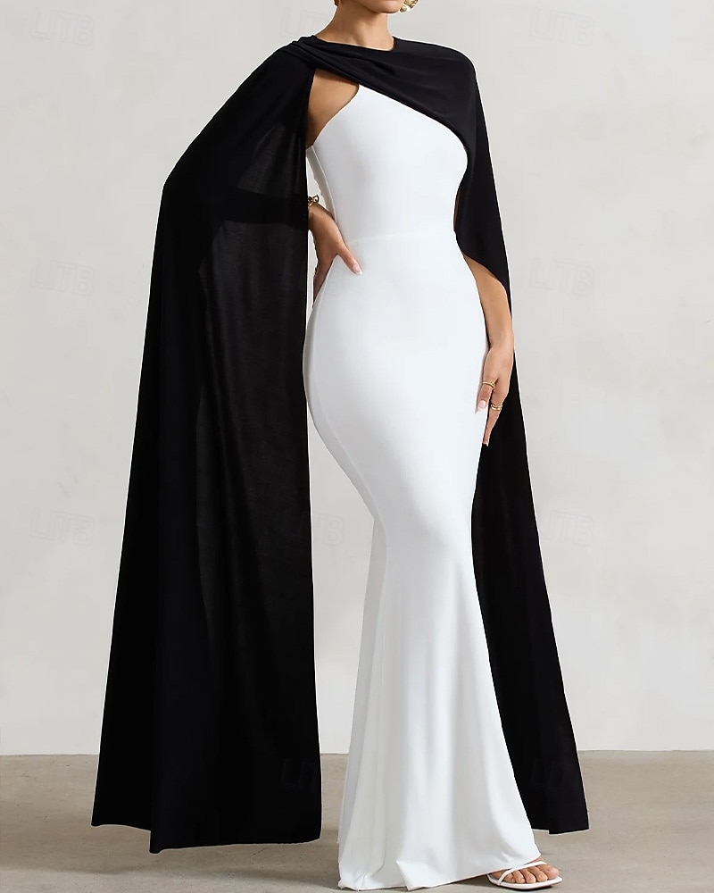 Black and White Cape Dress Mermaid / Trumpet Detachable Cape Evening Gown Elegant Dress Semi Formal Wedding Wedding Guest Dress Floor Length Crew Neck Stretch Crepe with Ruched Details 2025 - $148.99 –P3