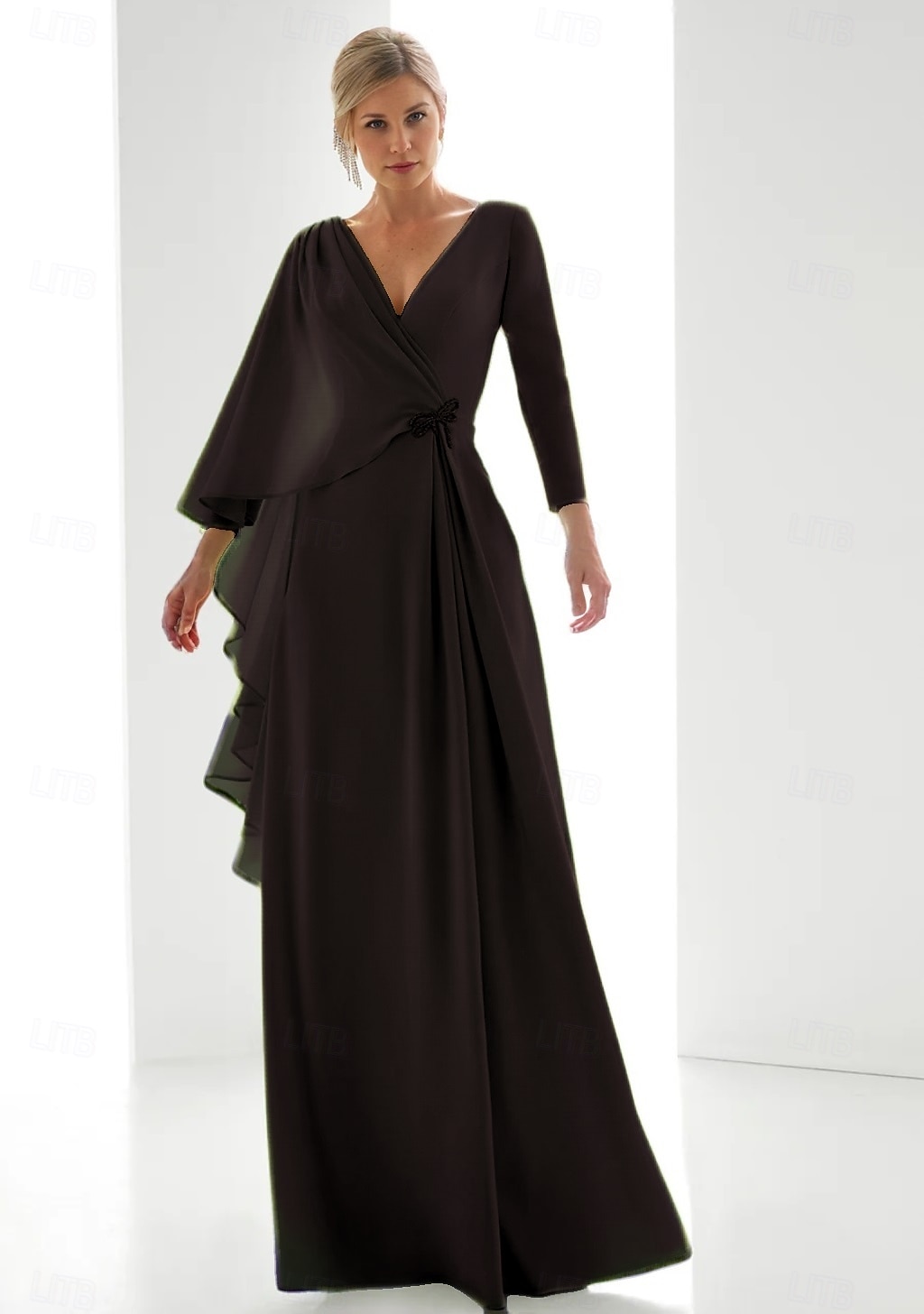 Grønn Chiffon A-Line Kveldsdrakt Elegant Bryllupsgjestekjole Formell Gulvlengde Langermet V-Hals med Splitt 2025 - $144.99 –P4