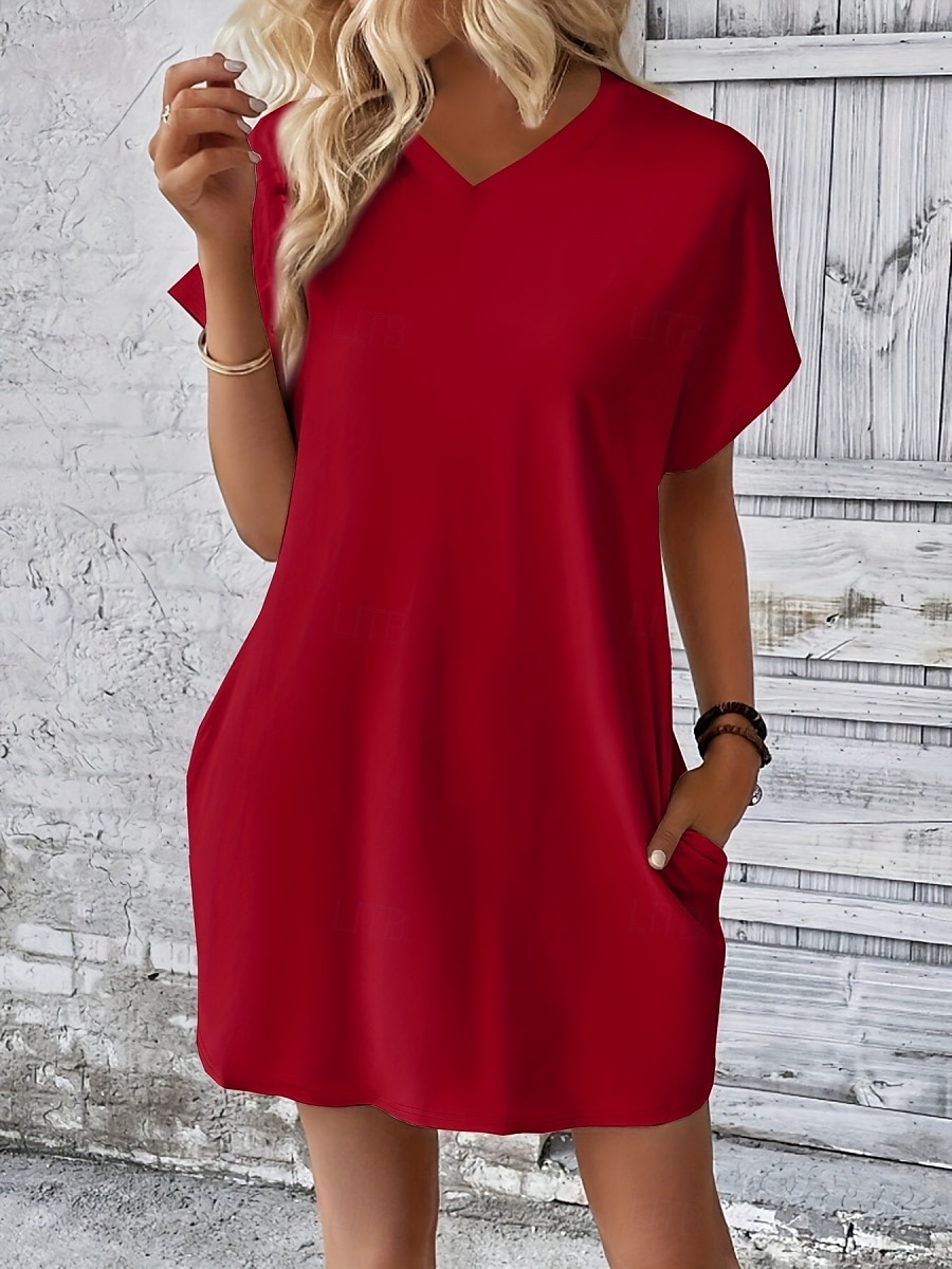 Damen Mini Kleid T-Shirt Kleid Tee Kleid einfarbig Sommer Kleid lässig täglich reguläre Passform Grafik Kurzarm V-Ausschnitt Schwarz Rot Olivgrün Aprikose Sommer 2025 - $19.99 –P17