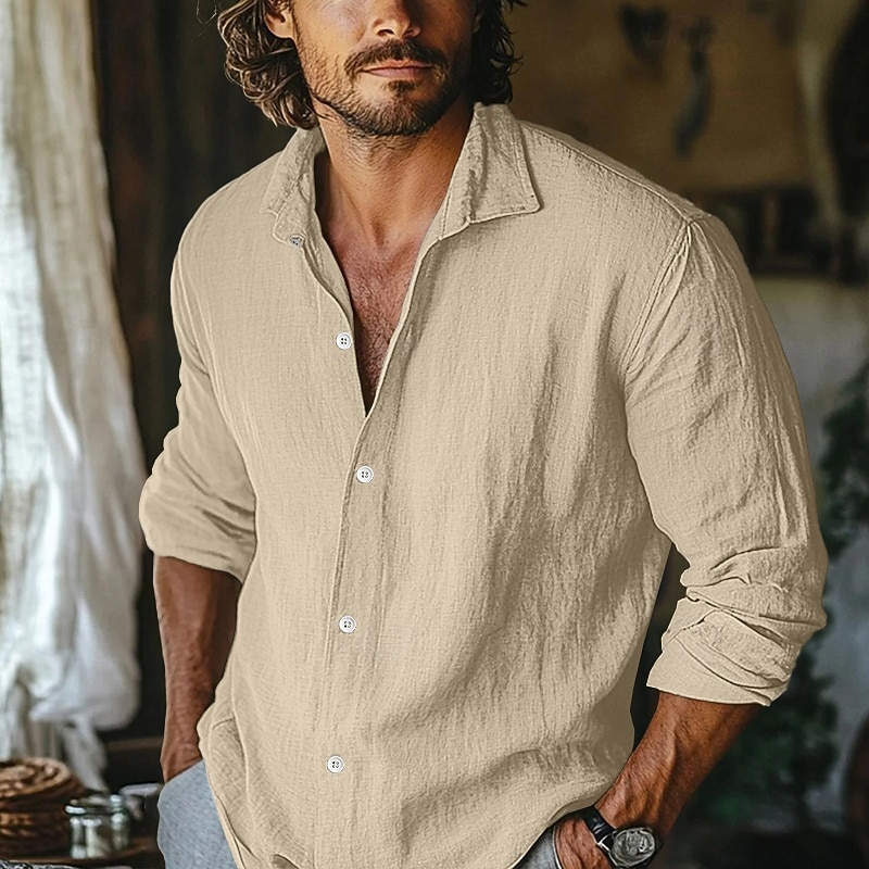 Homens Camisa Social Camisa de linho camisa de verão Roupa de Praia Camisa casual camisa de botão Tecido Casa Férias Azul Céu cáqui Cinzento Manga Longa Lapela Primavera Verão Roupa de 2026 por $26.99 –P10