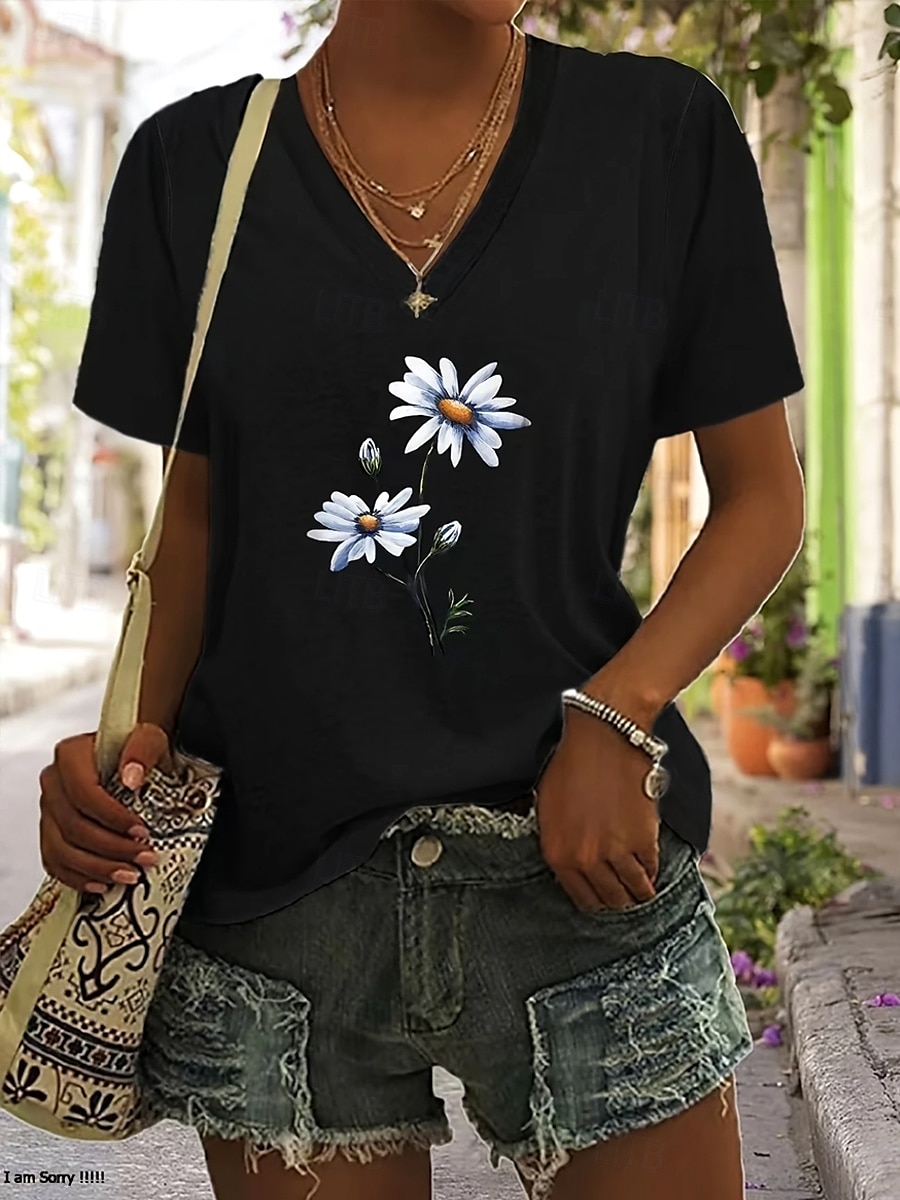 Femmes T-shirt Fleuri Graphique Plantes ancien Élégant Classique Manche Courte Col en V Hauts Réguliers Quotidien Week-end Imprimé Noir Gris Été Printemps de 2025 ? $19.99 –P5
