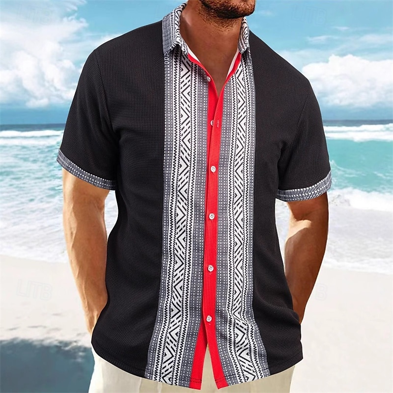 Herren Hemd Waffelhemd Sommerhemd Freizeithemd Strandhemd Knopfhemd Schwarz Weiß Wein Grün Kaki Kurzarm Geometrisch Revers Urlaub Täglich Patchwork Bekleidung Mode Lässig 2025 - $20.99 –P10