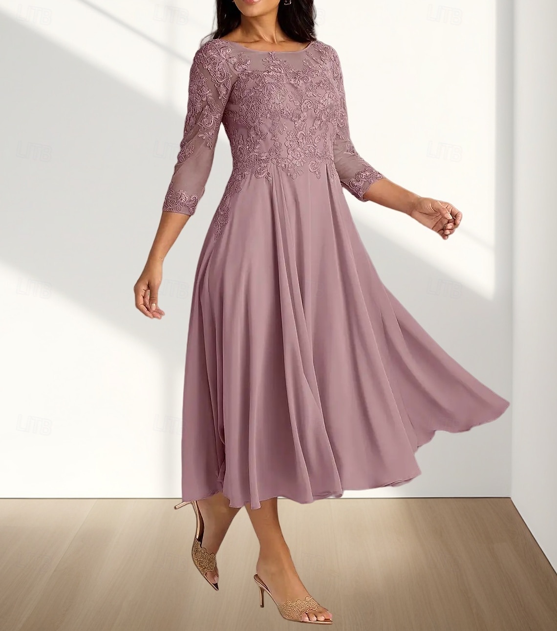 Robe Mère de la Mariée A-Line Invité de Mariage Élégante Col Arrondi Longueur Thé Chiffon Manches 3/4 avec Plis Appliques Robe Midi 2025 de 2025 ? $172.99 –P3
