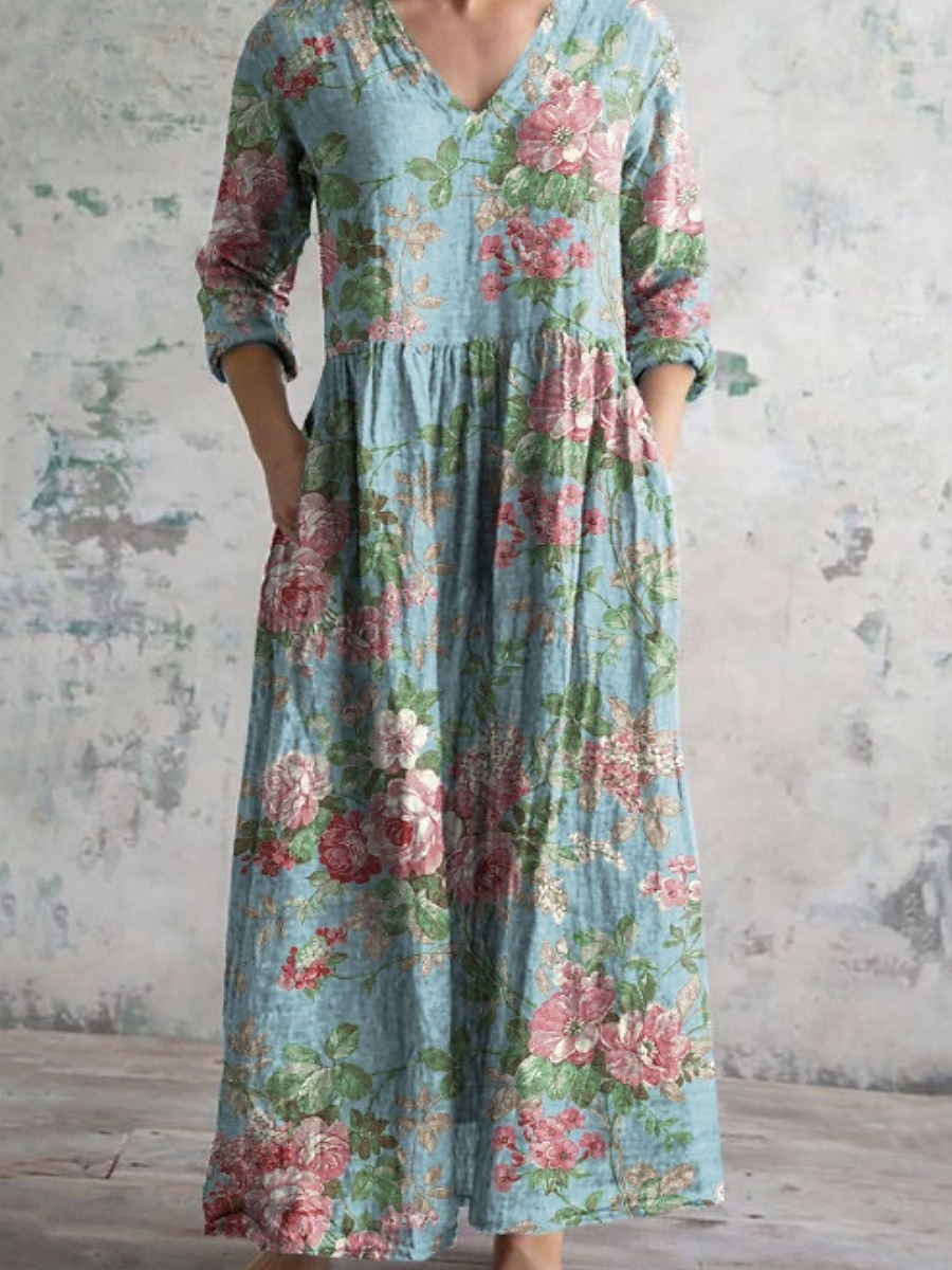 Damen Langes Kleid Maxikleid Freizeitkleid Sommerkleid Boho-Kleid Mode Urlaub Täglich Wochenende Normale Passform Blumen Langarm V Ausschnitt wasserblau Blau Dunkelgrün Braun Sommer 2025 - $22.99 –P6