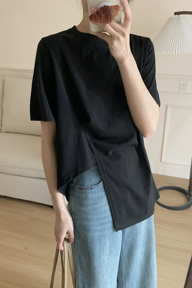 Femmes Chemisier Uni Moderne Occasionnel Manche Courte Col ras du cou Hauts Réguliers Fête Sortir Ourlet asymétrique Noir Blanche Été de 2025 ? $30.99 –P2