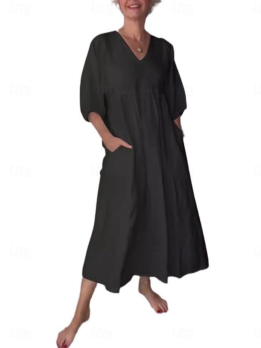 Women's Maxi Dress A Line Dress Linen Summer Dress Casual Daily Regular Fit Graphic 3/4 Length Sleeve V Neck Black White Blue Gray Summer 2025 - $36.99 –P4