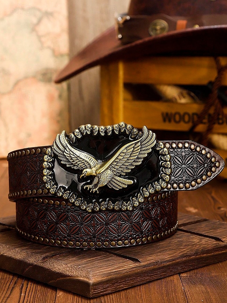 Men's Western Style Leather Belt with Eagle Buckle – Vintage Embossed Design with Rivets, Ideal for Casual and Country Wear 2025 - $18.99 –P3