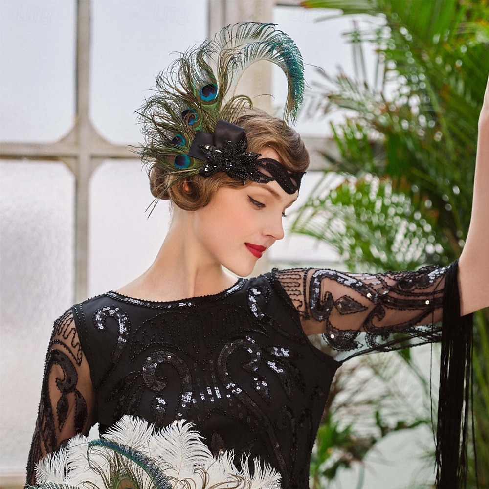 1920-as évek A nagy Gatsby Flapper fejpánt Gyöngyös karkötő Fülbevaló A nagy Gatsby Toll Retro Csillogó glitter Kristály / Strassz Női Farsang Valentin nap Álarcos mulatság Party estélyi viselet 2025 - $25.99 –P10