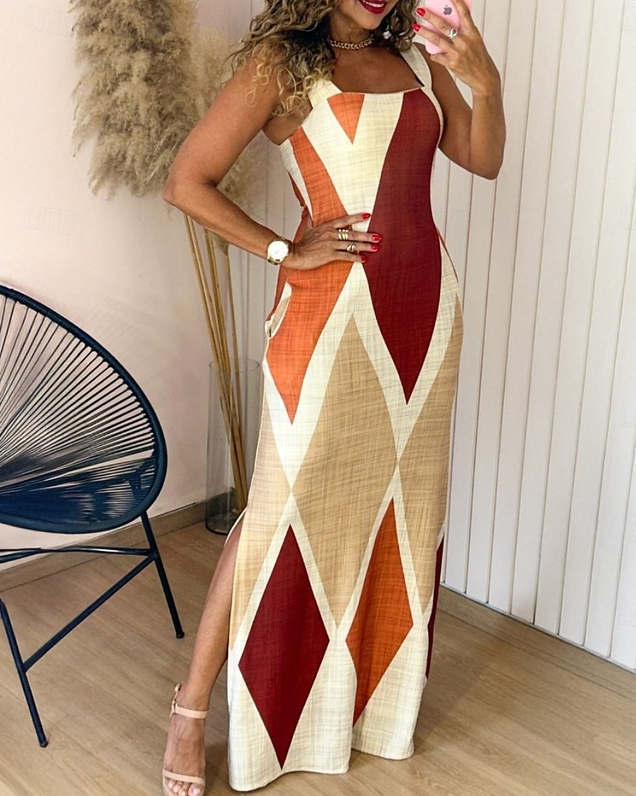 Damen Langes Kleid Maxikleid Sommerkleid Unterkleid Druckkleid Elegant Täglich Ausgehen Sommerkleid Normale Passform Geometrisch Farbblock Ärmellos Quadrathals Gelb Leicht Braun Purpur Braun Sommer 2025 - $26.99 –P3