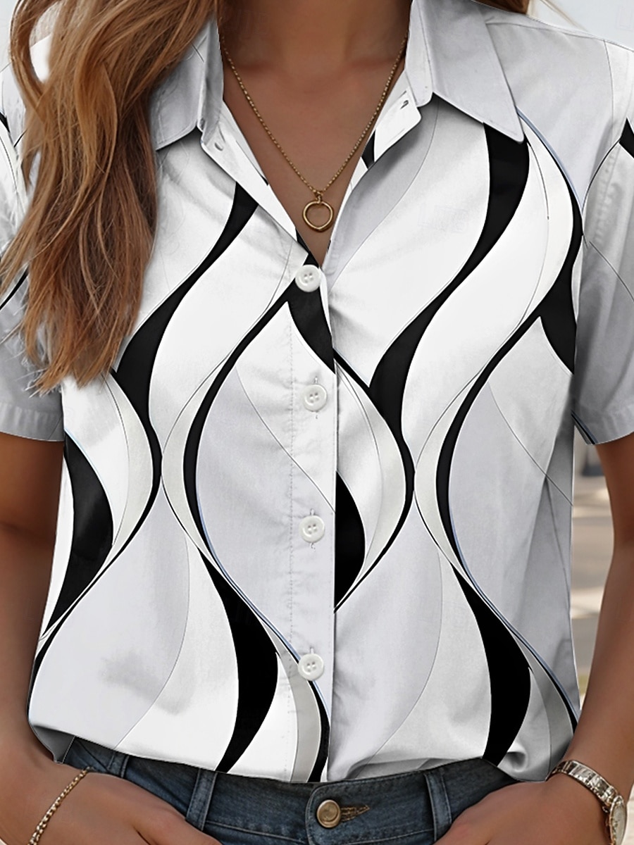 Pentru femei Cămașă Grafic Geometric Zilnic Casual Manșon scurt Guler Cămașă Topuri obișnuite Zilnic Alb Albastru piscină Trifoi Vară Primăvară 2025 - $24.99 –P3