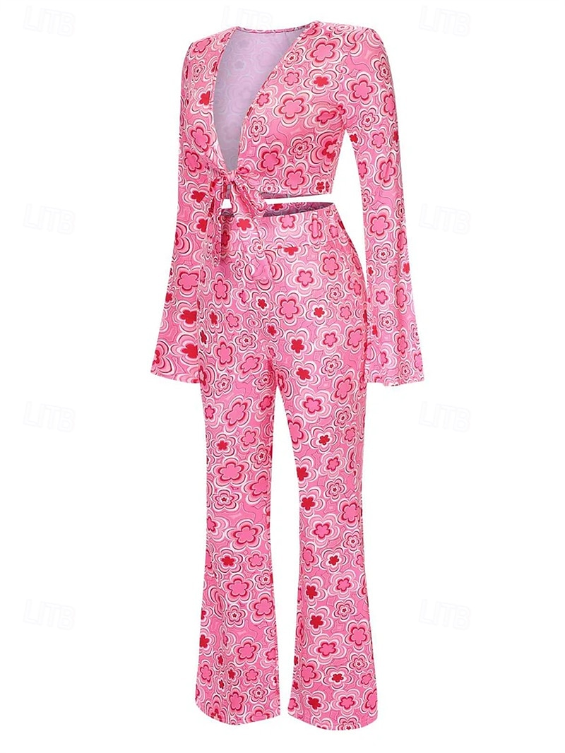 Retro / vintage 1970 luku Asut Lyhyt toppi Bell Bottom Housut Hippi Rusetti Kukka Naisten Halloween Karnevaali Naamiaiset Juhla Arki-asut Aikuisten Toppi Housut Kevät kesä 2025 - $29.99 –P2
