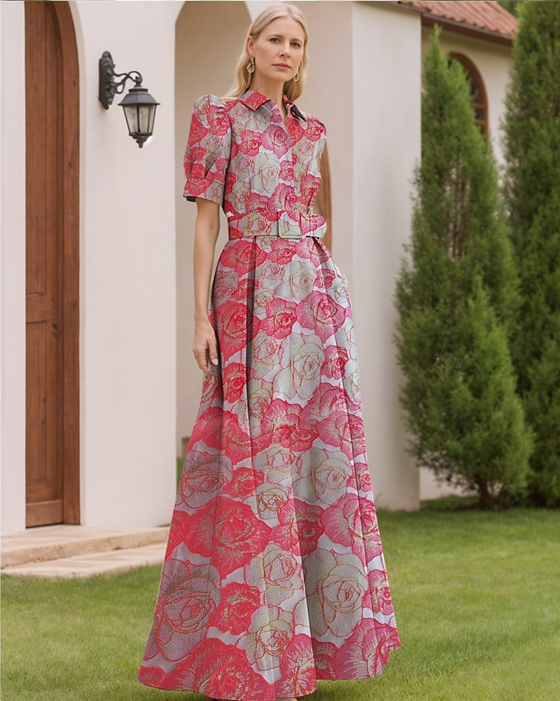 Jacquard Brokade Blomstrete Blå A-Linje Kveldsdrakt Elegant Kjole Formell Bryllup Gulvlengde Korte Ermer Skjortekrave Nylon med Splitt Lomme Bryllupsgjest Kjole 2025 - $144.99 –P4