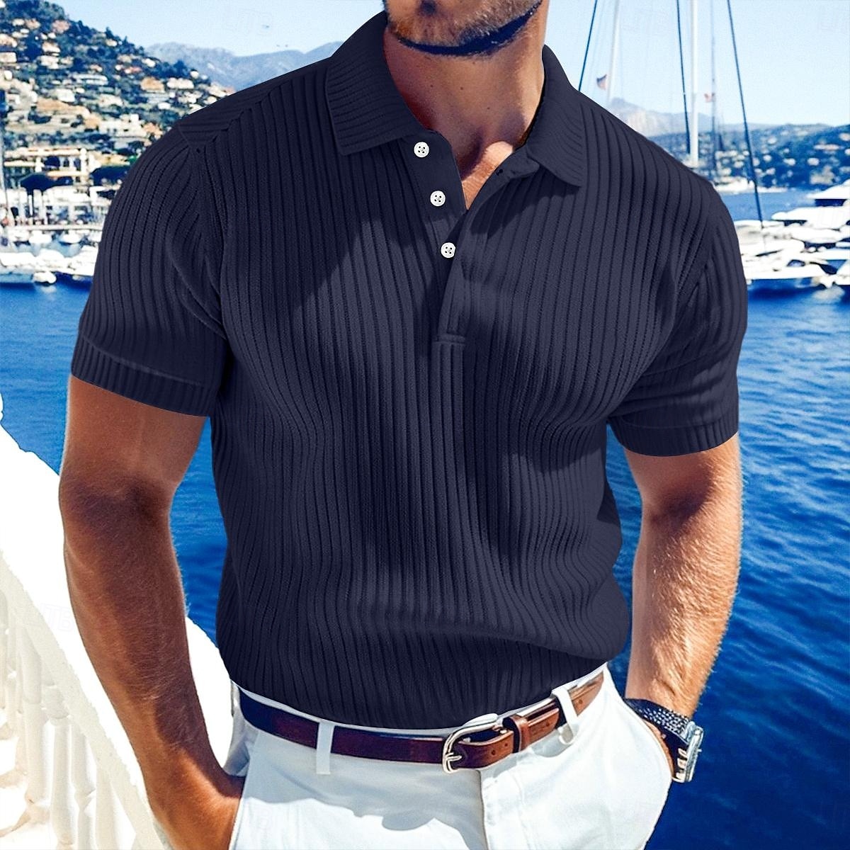 Men's Rib Knit Top Golf Polos Shirts Work Casual Lapel Ribbed Polo Collar Short Sleeve Basic Modern Color Block Buttons Knitted Summer Spring & Summer Regular Fit White Yellow Burgundy Navy Blue 2025 - $12.49 –P2