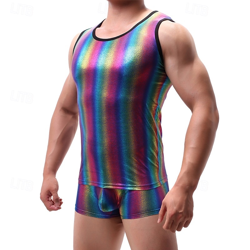 Retro Vintage 1980er Tanktop Unterhemd Disco Lack-Latex glänzend Metallisch Regenbogen Herren Halloween Karneval Pride Parade Pride-Monat Erwachsene Weste Ganzjahres 2025 - $18.99 –P3