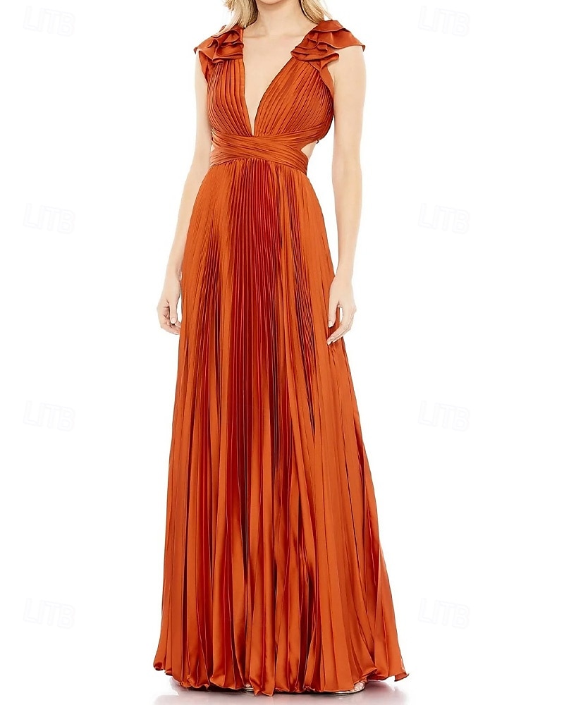 Vestido rosa choque, corte A, vestido de noite, vestido plissado, formal, casamento, comprimento até o chão, sem mangas, decote profundo, cetim com babados, 2025 de 2025 por $144.99 –P7