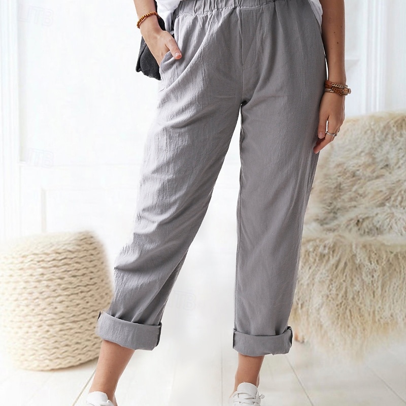 Per donna Pantaloni in cotone e lino Pantaloni Eleganti Casual Lunghezza intera Naturale Semplice Tasca Elastico in vita All'aperto Confortevole Streetwear Uscire Magenta azzurro cielo Grigio Nero del 2025 a $24.99 –P10
