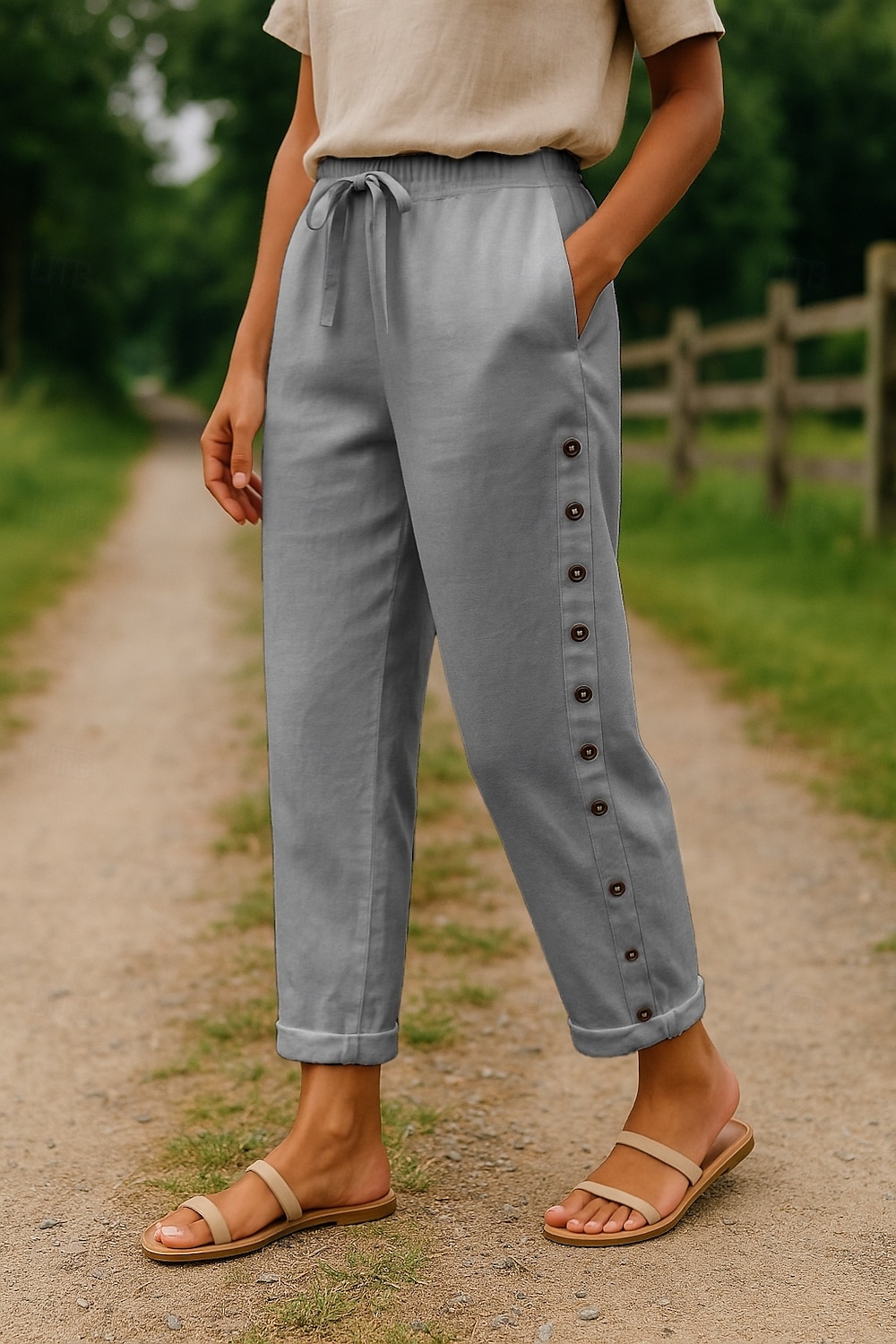 Femmes Pantalon en coton et lin Confort Longueur complète Taille haute Uni Avec Poches Ceinture Élastique Confortable Extérieur Rue Tenue quotidienne Sortir Noir Blanche Bleu Kaki Été Coupe régulière de 2025 ? $28.99 –P7