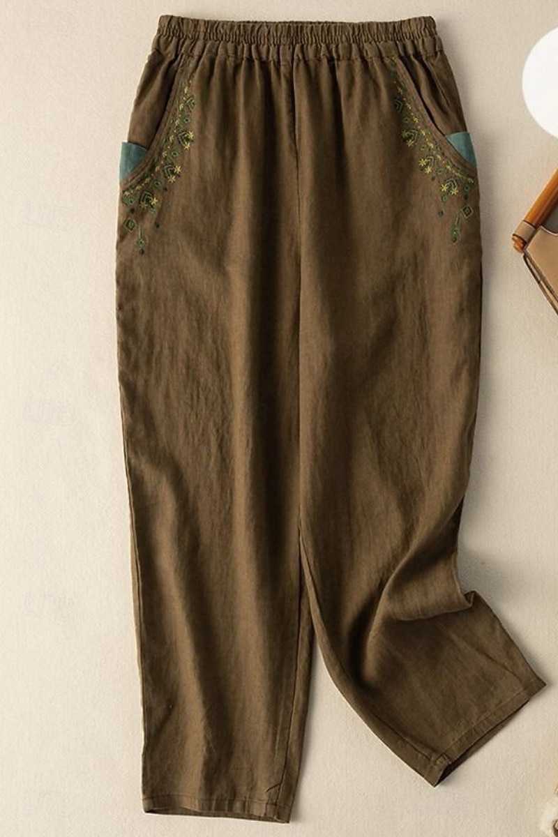 Mujer Algodón Compuesto Lino de algodón sintético pantalones Pantalones de verano Ropa de calle Casual Hasta el Tobillo Cintura Media Floral Bordado Bolsillo Cintura elástica Confortable Cómodo 2026 - $18.49 –P4