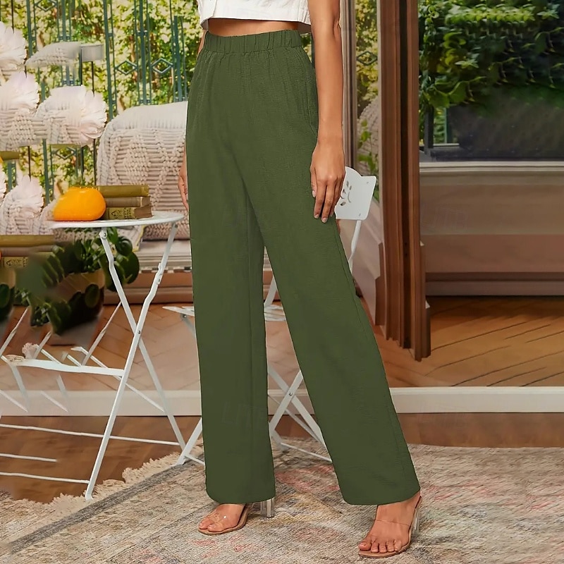 Women's Cotton Linen Pants Slacks Streetwear Casual Full Length Natural Plain Elastic Waist Comfy Comfortable Casual Daily Weekend Grey Navy Black Army Green Summer Regular Fit 2025 - GBP £21.99 –P5