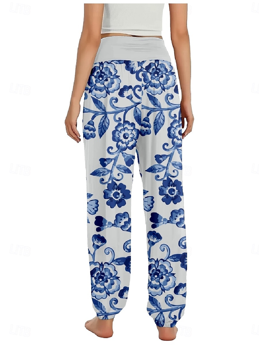 Dam Linneinspirerade byxor Brett skaft Byxor Etnisk Stil Ledigt Boho Fullängd Hög midja Blommig Ficka Elastisk midja Tryck Mateial som andas Mjuk Microelastisk Utomhus Yoga Svart Rosa Marinblå Blå 2025 - $21.99 –P11