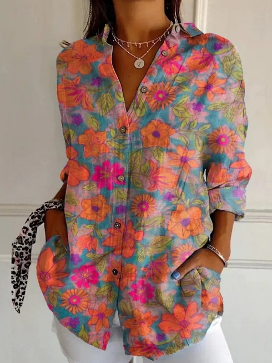 Dames Overhemd Bloemig Gestreept Stijlvol Modern Lange mouw Overhemdkraag Normale tops Dagelijks Feestdagen Zak Knop Afdrukken blauw Paars Fuchsia Oranje Zomer 2025 - $25.99 –P3