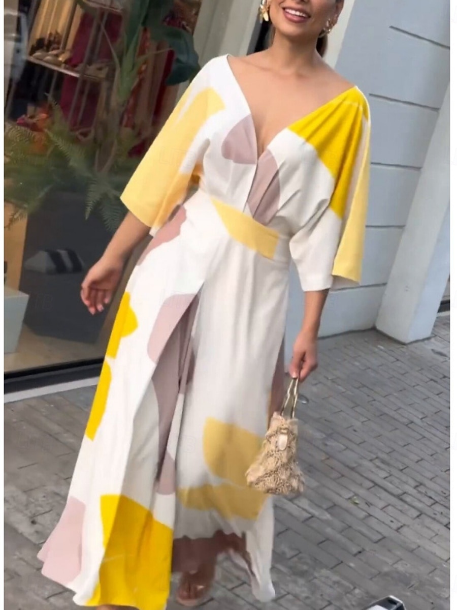 Femmes Robe Ensemble Robe Portefeuille Robe à épaules dénudées Occasionnel Bloc de Couleur Froncé Imprimé Robe Midi Manche 3/4 Une Épaule Extérieur Quotidien Jaune Rose dragée Été Printemps Coupe de 2025 ? $46.99 –P7
