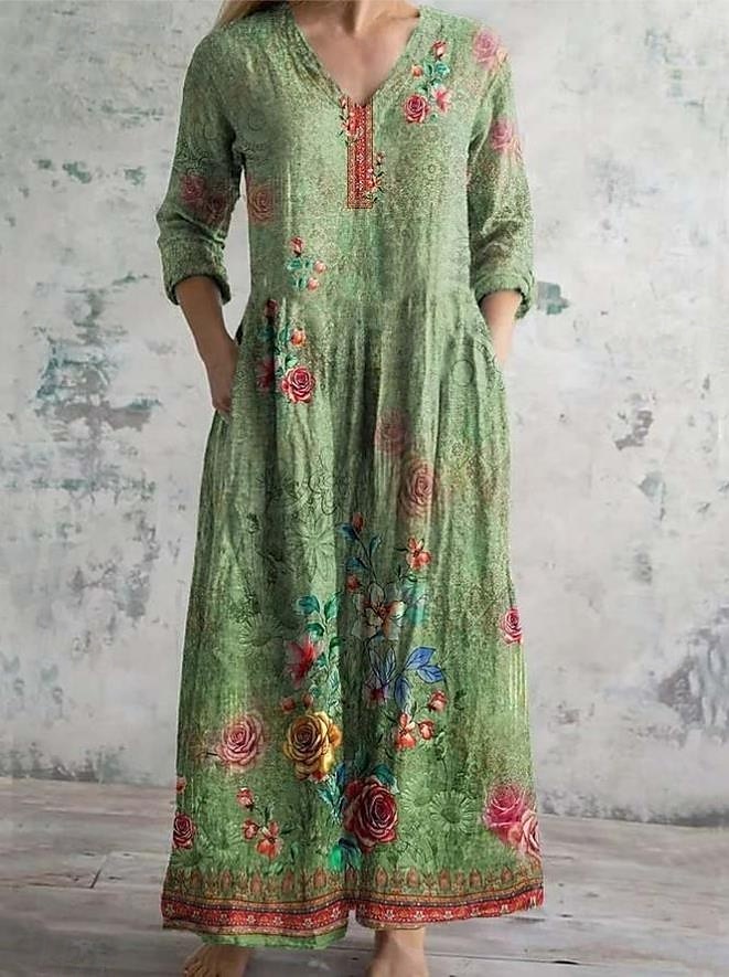 Pentru femei Rochie Maxi Rochie de epoca Rochie de in Rochie de Vară Rochie florala Boemia Vacanță Έθνικ Concediu Potrivire Largă Floral Grafic Lungime Manșon 3/4 În V Mov Trifoi Bej Vară Primăvară 2025 - $35.99 –P1