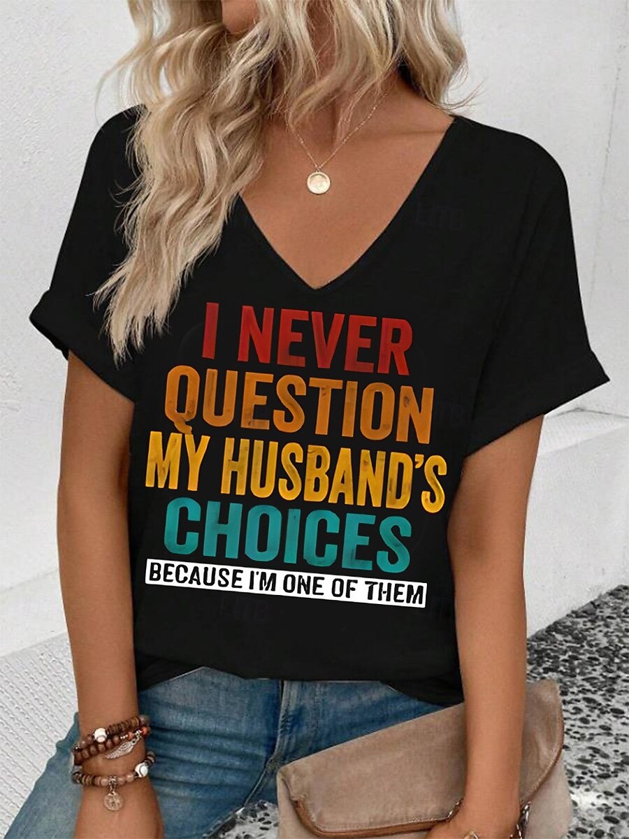 Pentru femei Tricou Grafic Scrisă Stilat Clasic Casual Manșon scurt În V Topuri obișnuite Zilnic Sfârșit de săptămână Imprimeu Negru Vară HUSBAND 2025 - $19.99 –P1