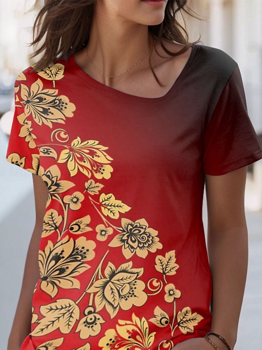 Women's T Shirt Ombre Floral Graphic Vintage Stylish Basic Short Sleeve Crew Neck V Neck Round Neck Regular Tops Daily Weekend Print Red Summer Spring 2025 - $19.99 –P2