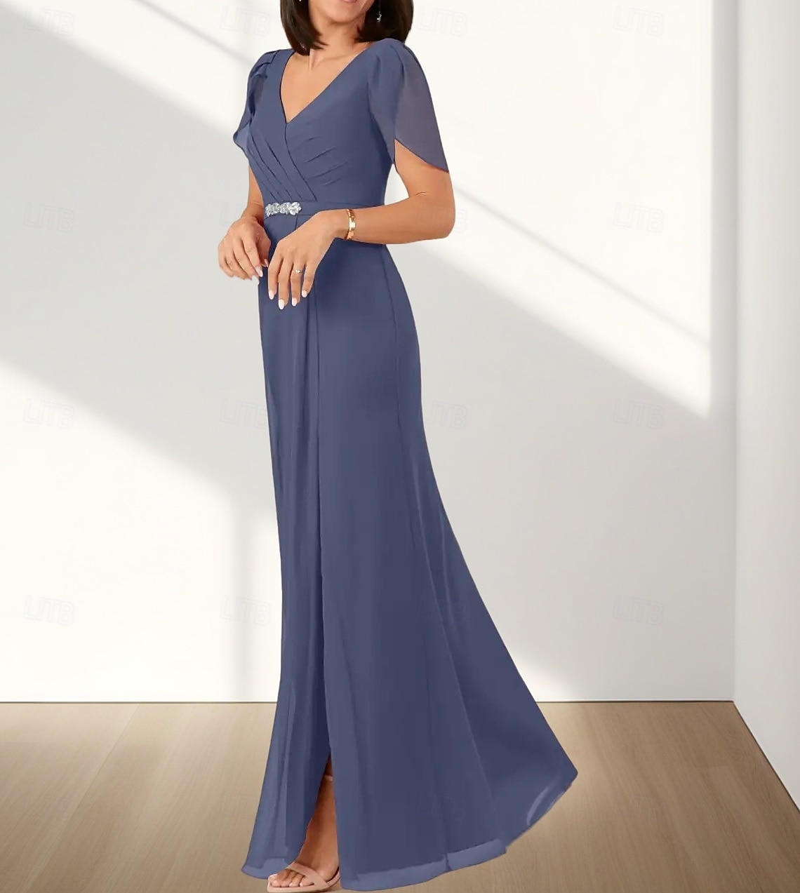 A-Line Wedding Guest Dresses Elegant Dress Wedding Guest Engagement Floor Length Short Sleeve V Neck Chiffon with Ruched Beading Slit 2025 - $169.99 –P4