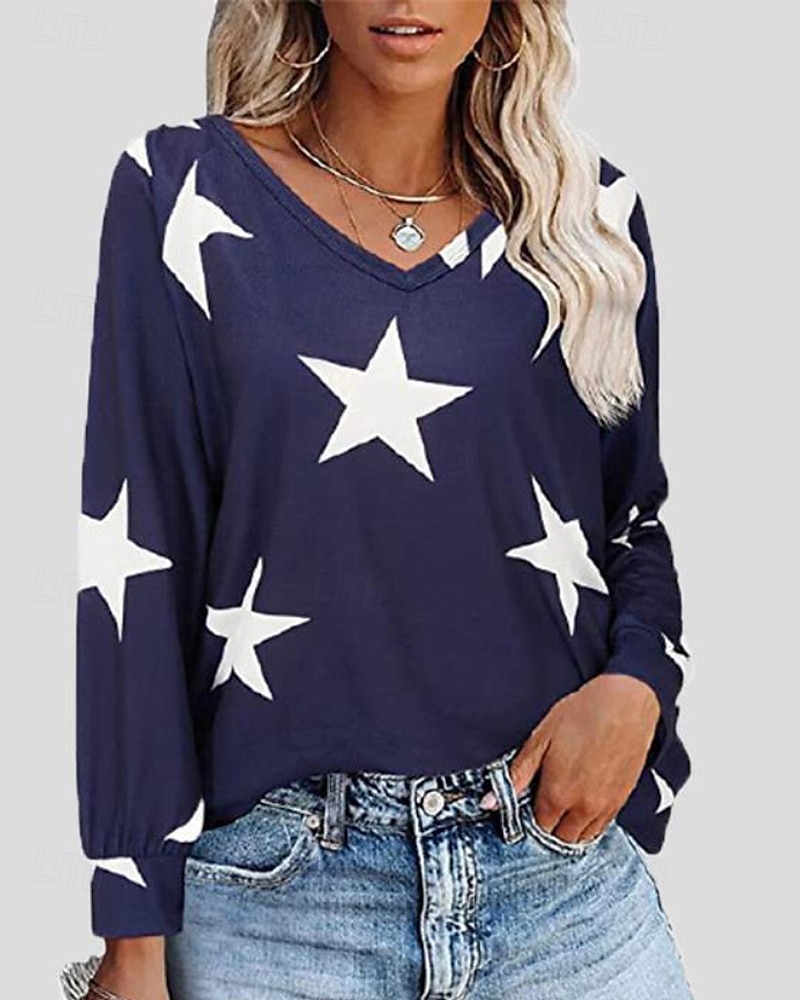 Femmes Chemises en coton et lin Chemisier Etoile Moderne Occasionnel manche longue Col en V Hauts Réguliers Quotidien Fête Imprimé Noir Jaune bleu marine Été de 2025 ? $22.99 –P1