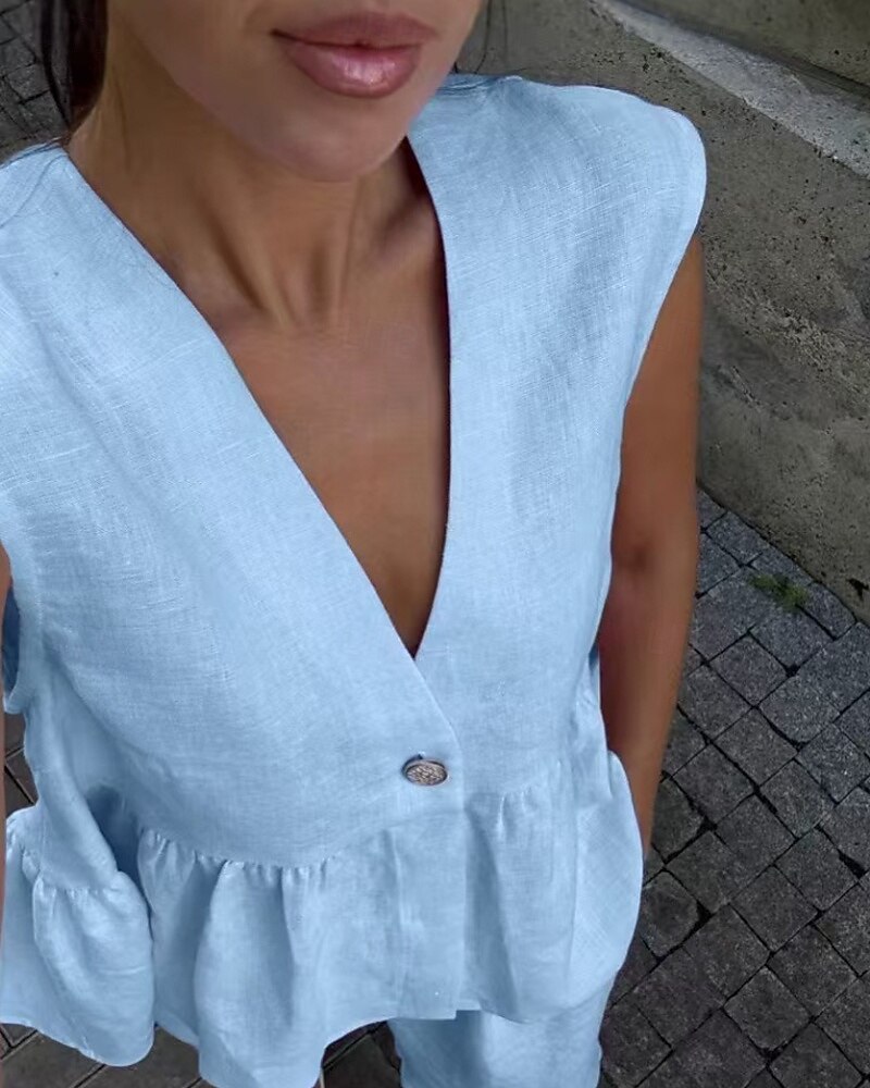 Femmes Actif Mode Ensembles en coton et lin Chemisier Gilet Sans manches Col en V Couleur Unie Dubbele Rij Knopen Date Décontracté Quotidien Noir Rose Claire Bleu clair Été Coupe régulière de 2025 ? $31.99 –P2
