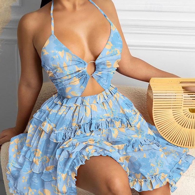 Femmes Mini Robe Robe à Volants Robe Fleurie Robe Imprimée Mode Extérieur Vacances Sortir Coupe régulière Fleur Sans manches Col Halter Jaune Rose Claire Rouge Vert Été de 2025 ? $25.99 –P7