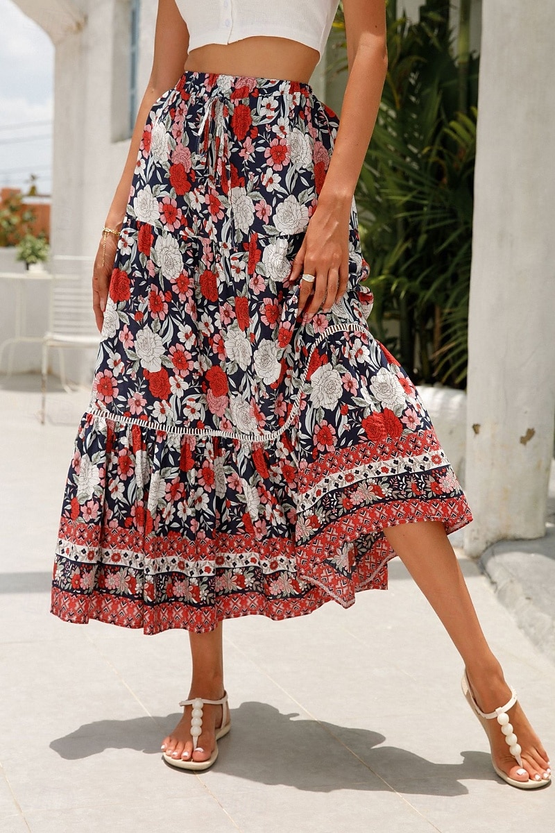 Pentru femei Fustă Boemia Casual Boho Maxi Talie Medie Fuste Floral Imprimeu Micro-elastic Vacanță Stradă Migdală Roșu-aprins Albastru piscină Portocaliu Vară Celofibră 2025 - $21.99 –P18